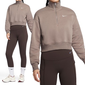 Nike PHNX FLC QZ Crop 女款 棕色 短版 寬鬆 上衣 磨毛 加絨 半開襟 長袖 DQ5768-233