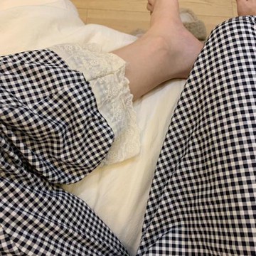 蕾絲邊搭配黑白格！搖籃曲前奏！軟糯親膚質感慵懶遛彎褲長褲睡褲