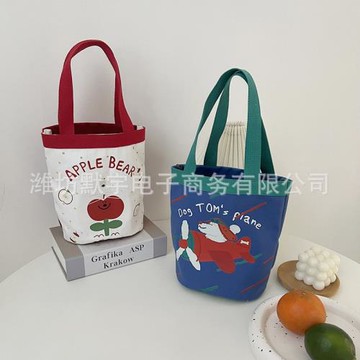 布凡良品/可愛插畫手提水桶包帆布包女撞色飯盒包新年紅迷你小包