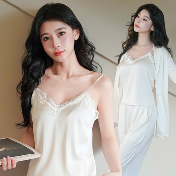 睡衣-月色呢喃-高級感緞面蕾絲優雅三件睡衣套組(杏色)