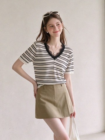 【missy shop】幸福平衡蕾絲花邊條紋冰絲針織上衣-17470