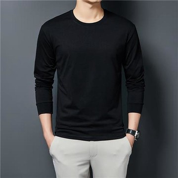 新品【秋冬】男裝冰絲長袖t恤男圓領修身白色打底衫春秋季純色內搭體恤