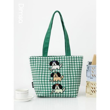 典舍X吳故事 文藝可愛小狗格子學生大容量帆布袋手提手提袋K70