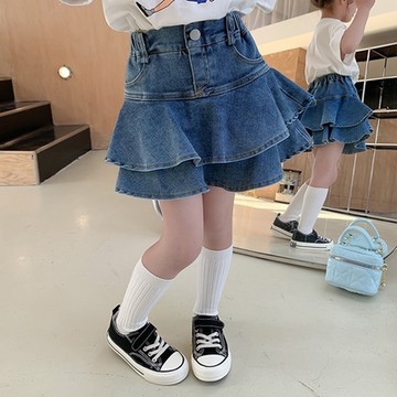 荷葉層層裙擺牛仔裙 褲裙 短褲 短裙 牛仔短褲 丹寧 褲子 大童 女童 兒童 現貨 童裝 橘魔法