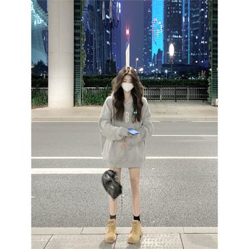 2025年秋季新款上衣寬松連帽中長款遮屁股oversize灰色衛衣外套女