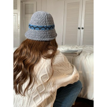 "鐘愛復古"日系小眾撞色針織漁夫帽女秋冬季百搭圓頂短檐水桶盆帽