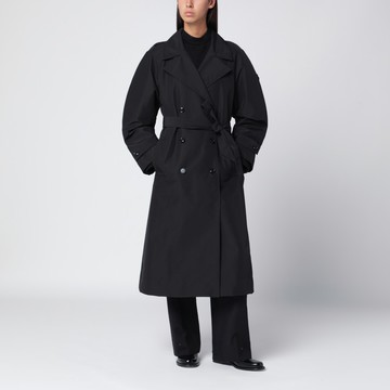 Black double-breasted trench coat with belt