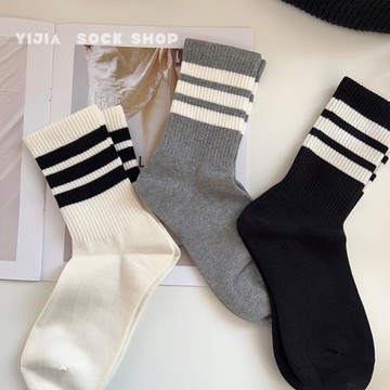 三條杠襪子男純棉中筒襪運動條紋吸汗抗起球長筒襪外穿韓版男士襪