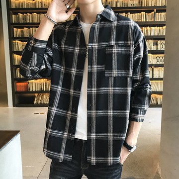 長袖襯衫男士格子襯衣條紋帥氣春秋外穿休閑時尚青年潮流百搭外套
