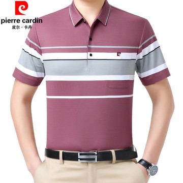 皮爾卡丹桑蠶絲短袖T恤衫男中年商務休閑翻領免燙高檔真絲半袖t恤