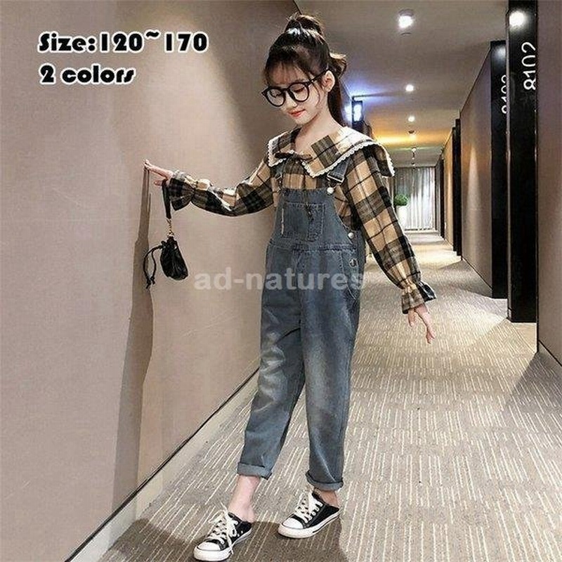 2021新商品 シャツ チェック柄 デニム オーバーオール 女の子 セットアップ 子供服 長袖 110-160 結婚式 誕生日 普段着 春秋着 春服  可愛い 姉妹 キッズ 2点セット 長ズボン 上下セット カラー:写真通り