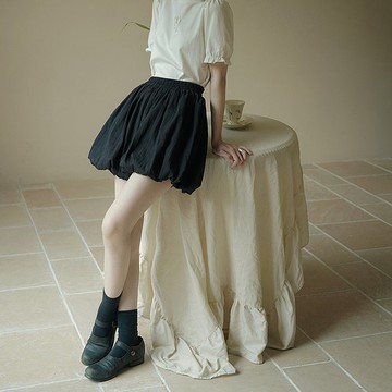 黑色 日系鬆緊闊腿花苞褲 全棉提花立體褶皺燈籠褲 夏日俏皮短褲