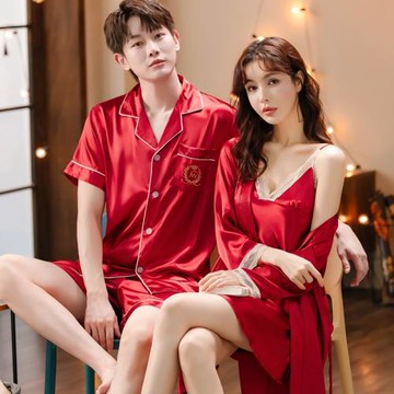 紅色結婚新婚冰絲情侶睡衣性感睡裙女帶胸墊夏季男士真絲睡袍套裝