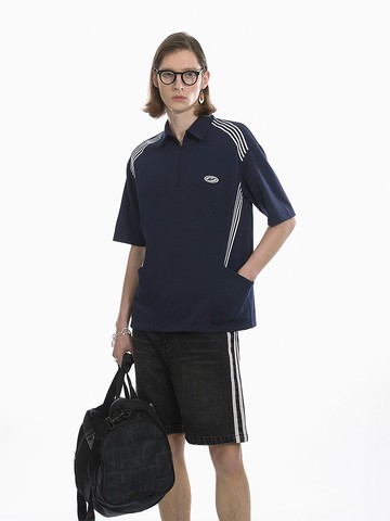 Unvesno (UN) 藏青色珠地肌理撞色織帶結構口袋POLO短袖 SWS-1674