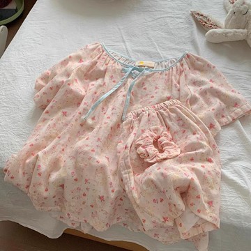 ins田園風甜美碎花短袖睡 睡裙  居家服 衣女夏季新款繫帶圓領套裝家居服可外穿