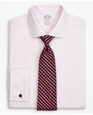 Brooks Brothers Men's Stretch Madison Relaxed-Fit Dress Shirt, Non-Iron Twill English Collar French Cuff Micro-Check | Pink | Size 14½ 32