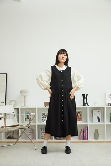 亞麻無袖圍裙洋裝 - 黑色