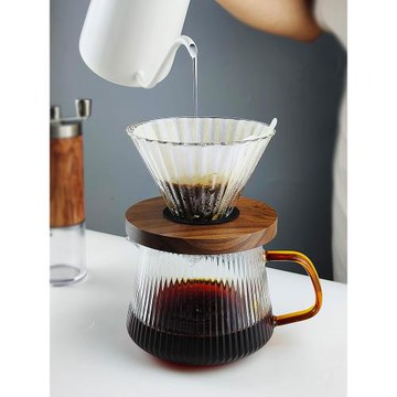 大容量耐高溫玻璃豎紋咖啡分享壺手沖咖啡壺套裝胡桃木托濾杯日式