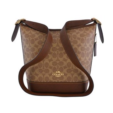 COACH 棕色C LOGO PVC拼接焦糖色荔枝紋全皮斜背水桶包