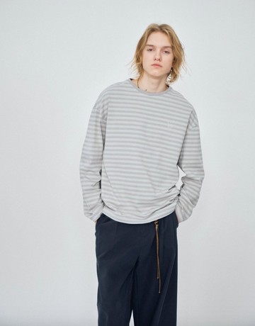 日系復古 藍灰條紋重磅長袖T恤