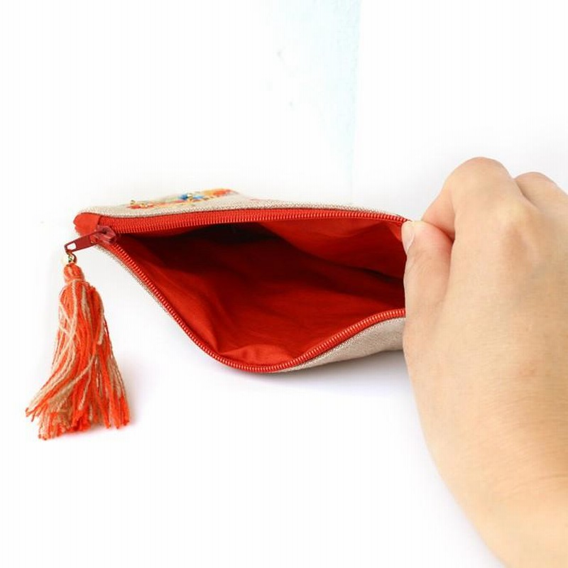 アイボリー×レッド ヒロフHIROFU小物入れペンケースメイク用品入れ