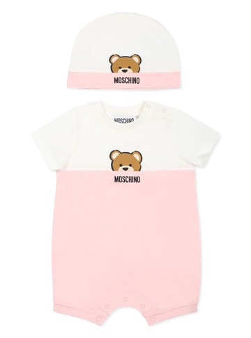 Moschino Pink Set With One-piece And Beanie With Logo Detail On The Front In Cotton Baby