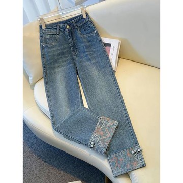 (免運)新中式國風直筒牛仔褲2025新款春秋爆款拼接小個子九分盤扣直筒褲