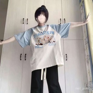 [限時特賣]T恤 短袖T恤 短袖上衣 女生上衣英文已改 (210剋100%棉)插肩拚色牛角袖印花夏季落肩有縫短袖T恤
