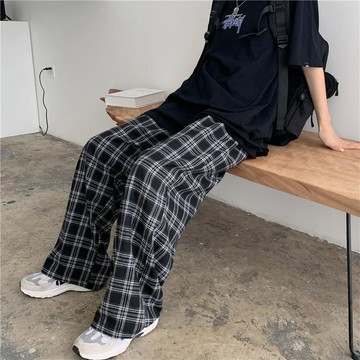【🍒櫻桃大尺碼】大尺碼長褲 墜感格子闊腿褲女夏季夏顯瘦百搭韓版高腰垂感寬松直筒拖地休閑褲