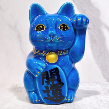 【藍丹聚財】日本清水燒招財貓 | 交趾 - 牡丹 中號