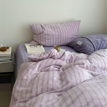 簡約條紋牛奶絨床包組 床上四件套 秋冬加絨被套 學生 宿舍 保暖珊瑚絨 三件套