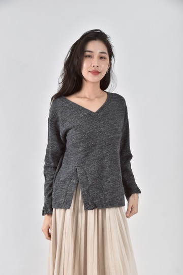 (L) bayflow秋冬棉質針織純棉v領黑色長袖上衣