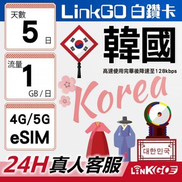 LinkGO白鑽卡 韓國 eSIM卡 5天上網每日1GB 高速流量(韓國網卡 首爾 釜山 濟州島)