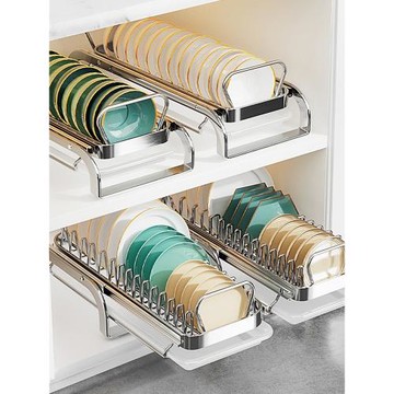 免打孔廚房抽拉碗碟收納架櫥柜碗架拉籃抽屜式碗盤盤子瀝水置物架