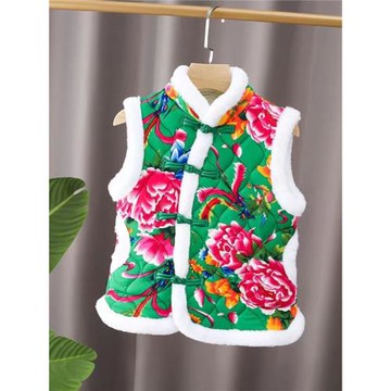 兒童新潮東北大花夾棉馬甲加絨加厚外穿棉襖男女童寶寶坎肩拜年服