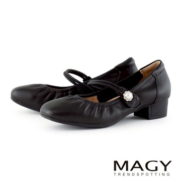 MAGY 魔鬼氈真皮一字帶低跟瑪莉珍鞋 黑色