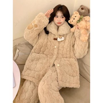 (免運)三層夾棉睡衣女秋冬季加絨加厚珊瑚絨冬天2024新款保暖家居服套裝