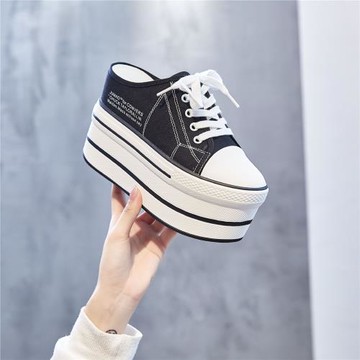 松糕厚底帆超高跟12公分包頭拖增高12ＣＭ休閑時尚顯瘦半拖帆布鞋