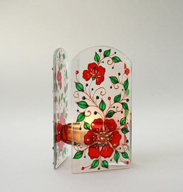 玻璃燈燭台紅花祖母綠施華洛世奇水晶手繪