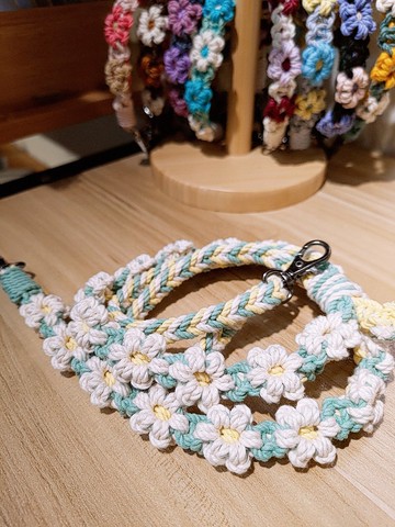 可調/全花固定長度單色花花手機掛繩背帶-湖水綠+奶酥黃+天然白