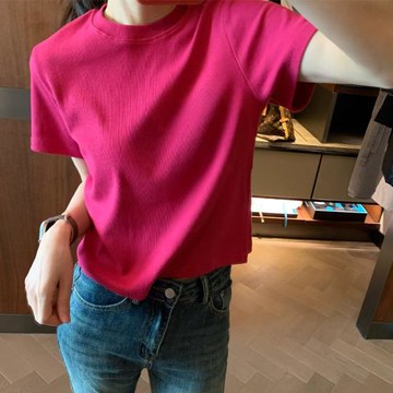 小個子玫紅甜美短款t恤女多巴胺短袖螺紋美式復古緊身短款上衣夏