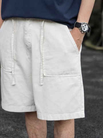 兩色復古日系洗水斜紋工裝短褲夏日寬松抽繩五分直筒寬松