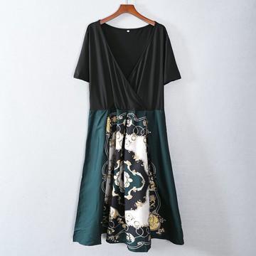 夏款女裝中長裙短袖大V領花色A字裙連衣裙子時尚潮