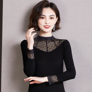 2025秋裝新款上衣黑色莫代爾打底衫女內搭立領長袖t恤蕾絲小衫潮