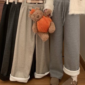 La Belleza素色加厚內裡加絨保暖棉羊絨糯米褲顯瘦垂墬感百搭闊腿抽繩長褲