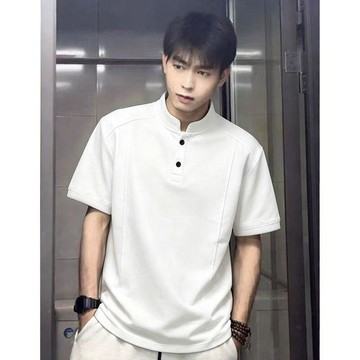 美式正肩亨利領短袖男款夏季重磅立領t恤cleanfit解構拼接polo衫百搭 復古寬鬆 百搭ins  基本款 圓領 重磅