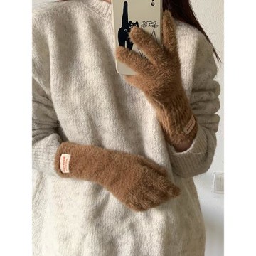 韓國可愛ins純色百搭新款毛絨保暖手套女冬季騎行御寒五指可觸屏