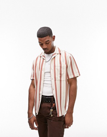 Topman short sleeve regular revere striped shirt in cream and orange-Brown