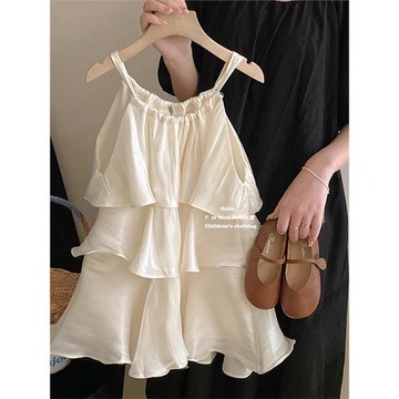 氣質感緞面女童蛋糕花邊吊帶裙飄逸公主裙