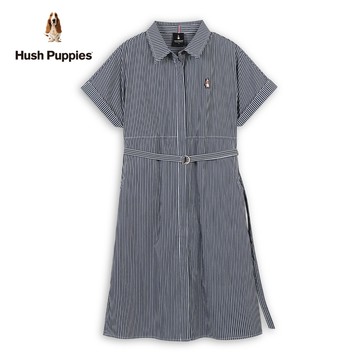 Hush Puppies 洋裝 女裝知性直條紋刺繡小狗寬袖洋裝